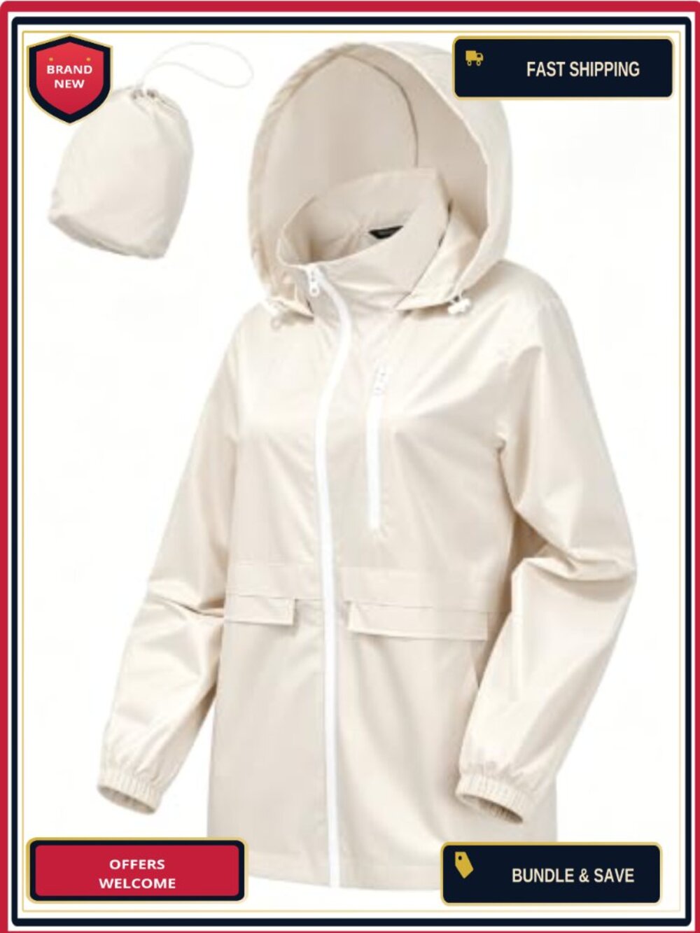 Women's Packable Waterproof Rain Jacket Hood Lightweight Windbreaker